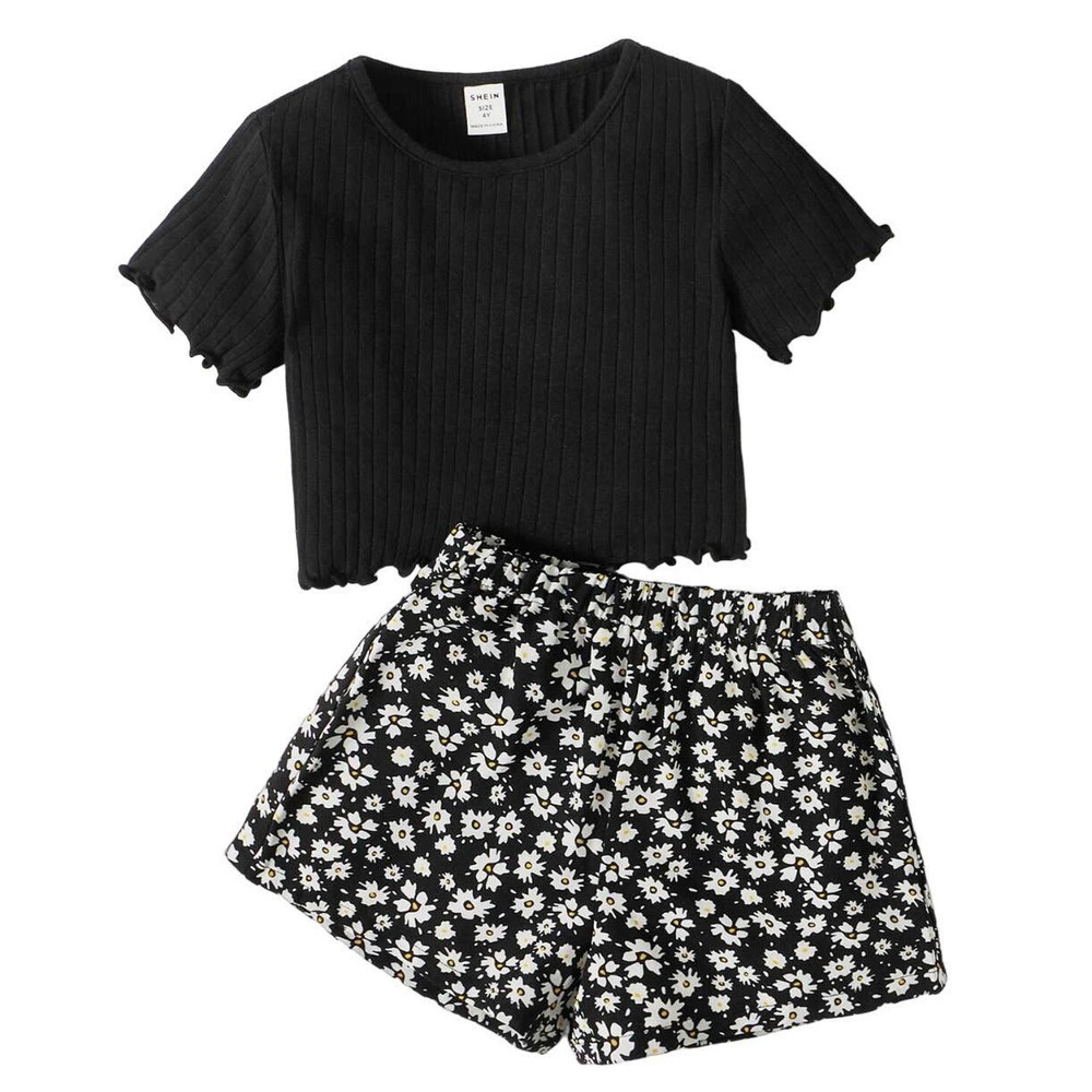 SHEIN Toddler Girls Lettuce Trim Tee & Ditsy Floral Print Shorts, Size 7Y​​​​​​​
